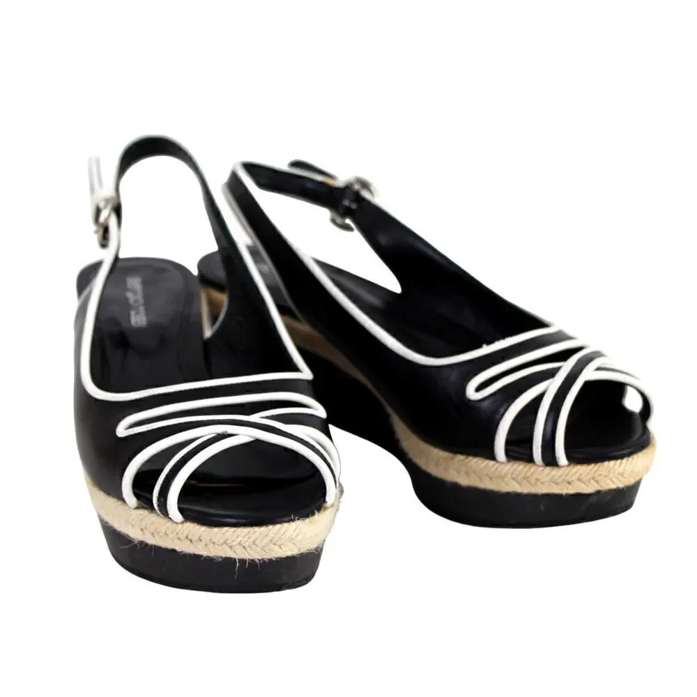 Sergio Rossi BLACK WHITE GENUINE LEATHER OPEN TOE PLATFORM SLINGBACKS SHOES 37